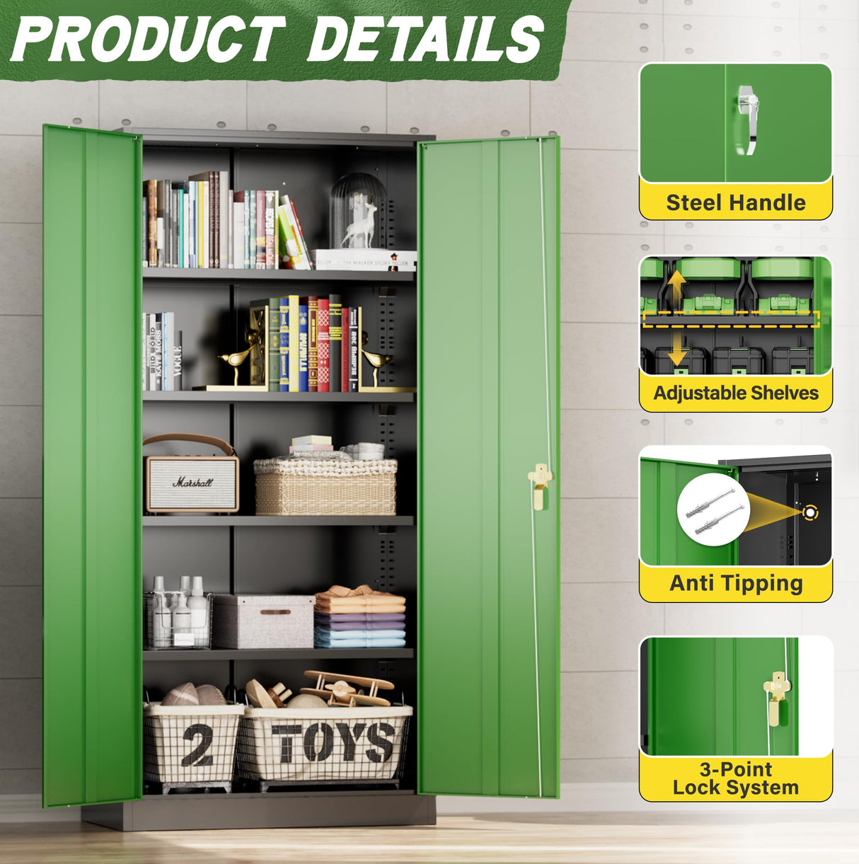 Greenvelly Metal Garage Storage Cabinet,72" Steel Locking Garage Storage Cabinet with Doors and Shelves,Metal Office Storage Cabinet for Home,School,Garage(Black Green 36" W x18 D) Greenvelly