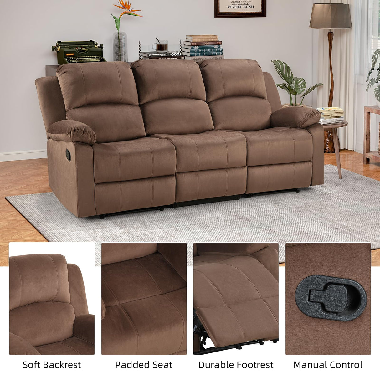EBELLO 3 Seat Recliner Sofa for Living Room, Soft Microfiber Reclining Couch with Overstuffed Arms and Backrest for Home and Office, Brown EBELLO