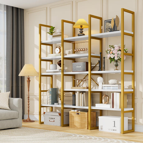 Semoic Large Bookshelf 5 Tiers, Triple Wide Geometric Bookcase, 71 Inches Tall Industrial Book Shelves Etagere Book Case, Sturdy Metal Frame, Freestanding Display Shelving Unit (Gold and White) Semoic