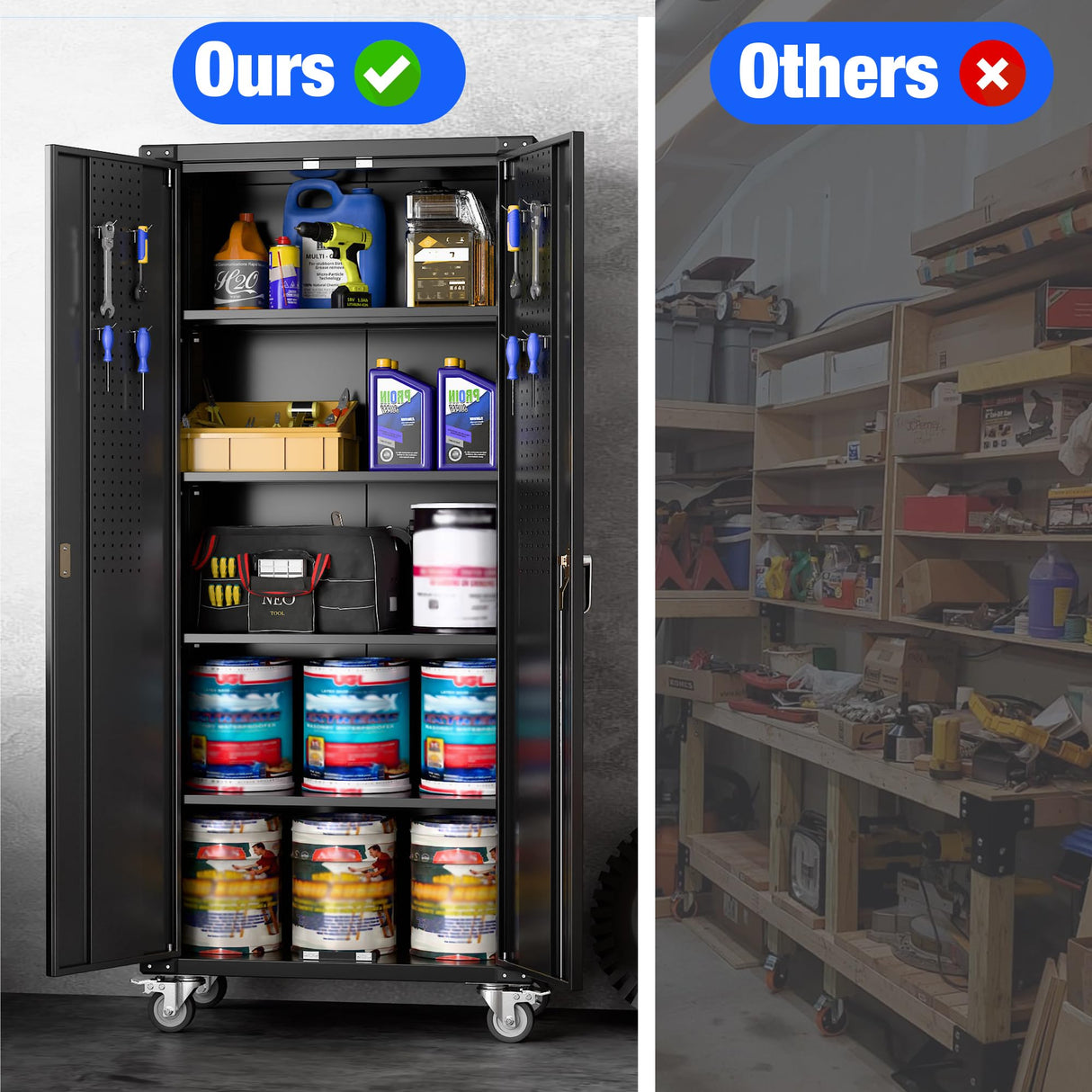 JAORD Metal Storage Cabinet Wheels,72'' Lockable Storage Cabinet with Wheels and Pegboard, Garage Cabinet with Doors and Shelves, Rolling Tool Cabinet for Office Home, Assembly Required(Black) JAORD