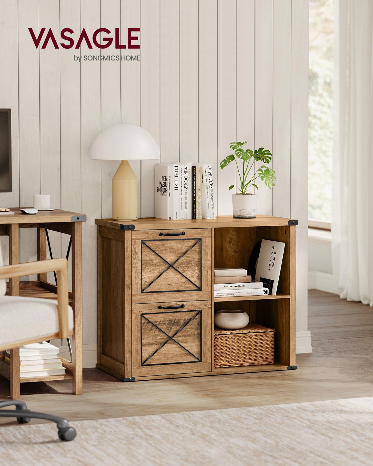 VASAGLE Lateral File Cabinet, Filing Cabinet with 2 Drawers, Printer Stand, 2 Open Compartments, Fit A4, Letter Size, Hanging File Folders, for Home Office, Farmhouse Style, Honey Brown UOFC049T41 VASAGLE