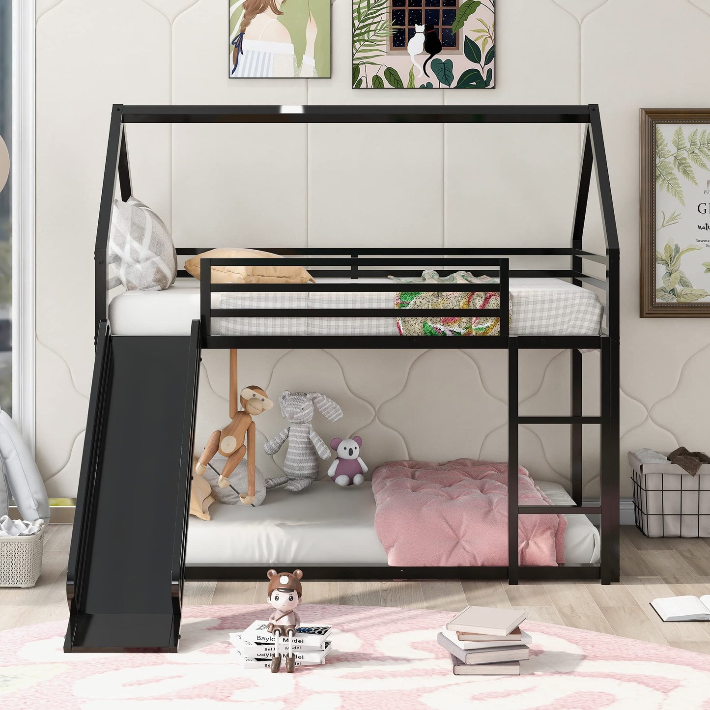 NKISHECK Twin Over Twin Bunk Bed with Slide, Junior House Low Bunk Bed Metal Bunkbeds with Ladder and Full-Length Guardrail for Girl, Boy, Floor Bunk Bed, No Box Spring Needed (Black)