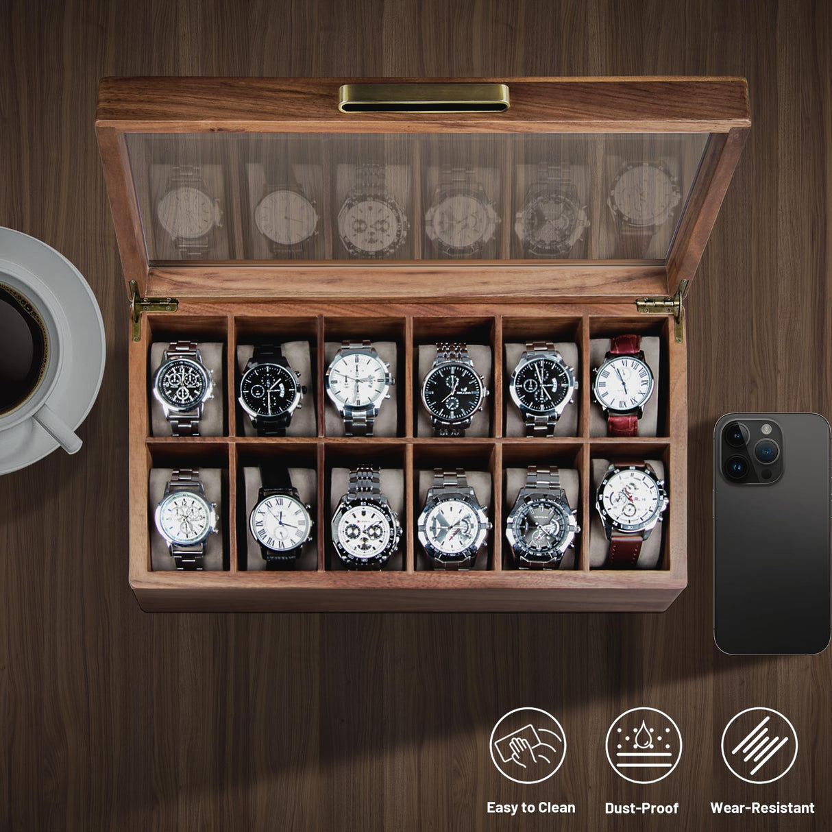 KITEISCAT Black Walnut Wood Watch Case for Men, 12-Slot Watch Box With Glass Lid & Watch Pillows, Watch Holder, Watch Display Case, Watch Box Organizer, Watch Storage Solution KITEISCAT