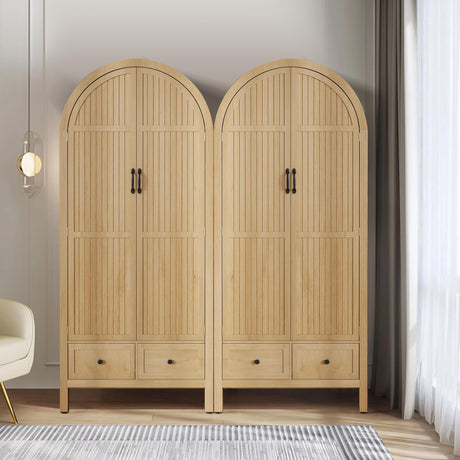 Lxsxlome Wardrobe Closet, Armoire Wardrobe Closet with Drawers and 2 Arched Fluted Doors, 70.87‘’ Tall Wooden Bedroom Armoires with Shelves and Hanging Rod (2, Wood Color) Lxsxlome