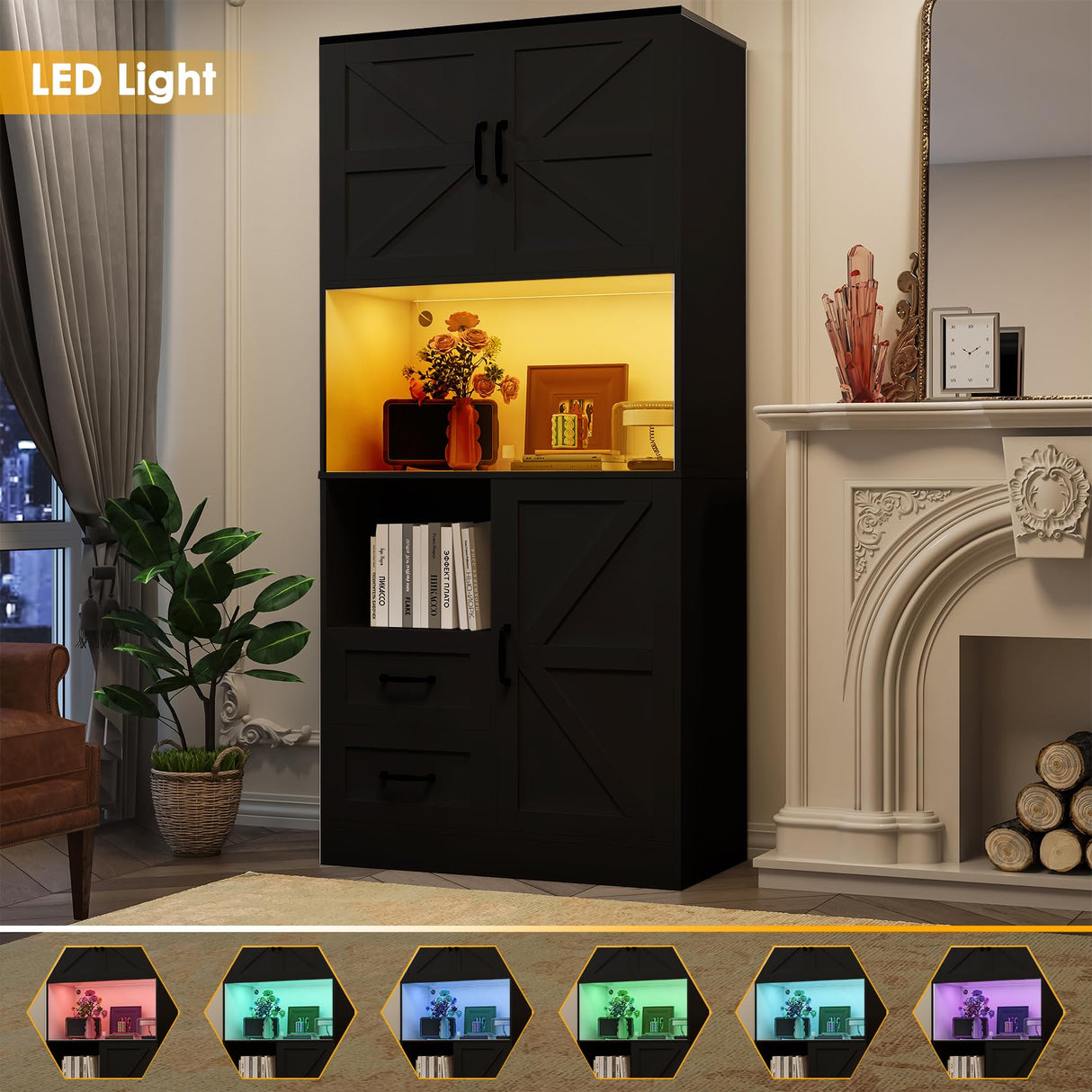 Frmobepts Kitchen Pantry Storage Cabinet with LED Lights and Power Strip, Tall Farmhouse Kitchen Pantry with Barn Doors and Drawers, Adjustable Shelves for Dining Living Room (Black) Frmobepts