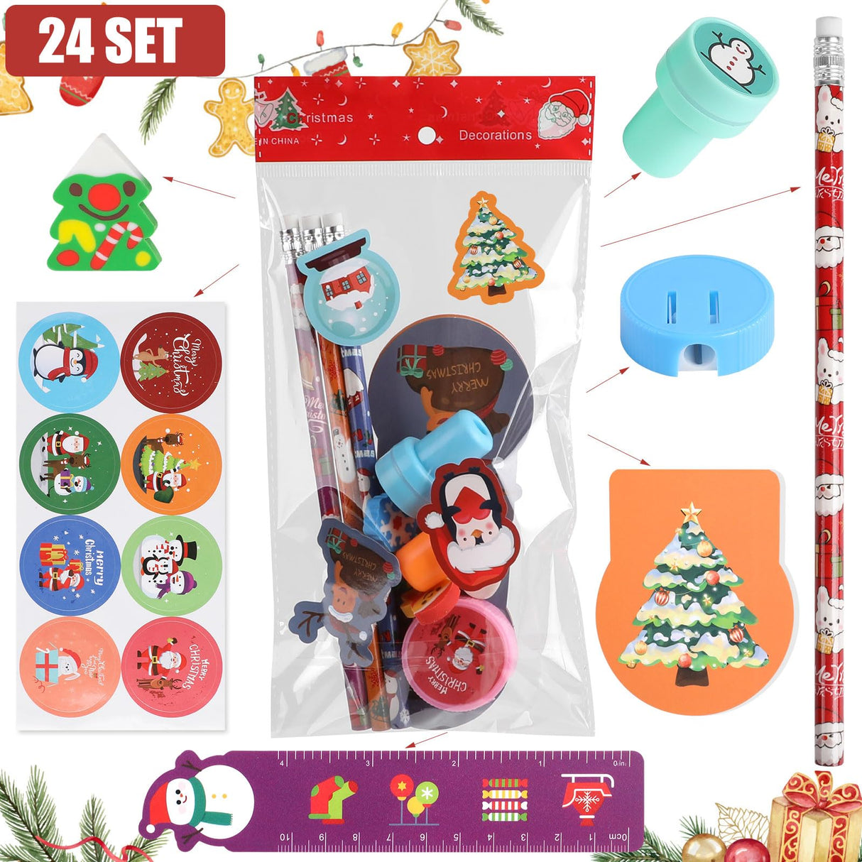 CCINEE 216 Pcs Christmas School Stationary Set for Kids,24 Sets Xmas Party Favors Bulk with Pencils Erasers Treat Bags Stickers for Christmas Goodie Bag Stuffers Gift Exchange Holiday Party Supplies CCINEE