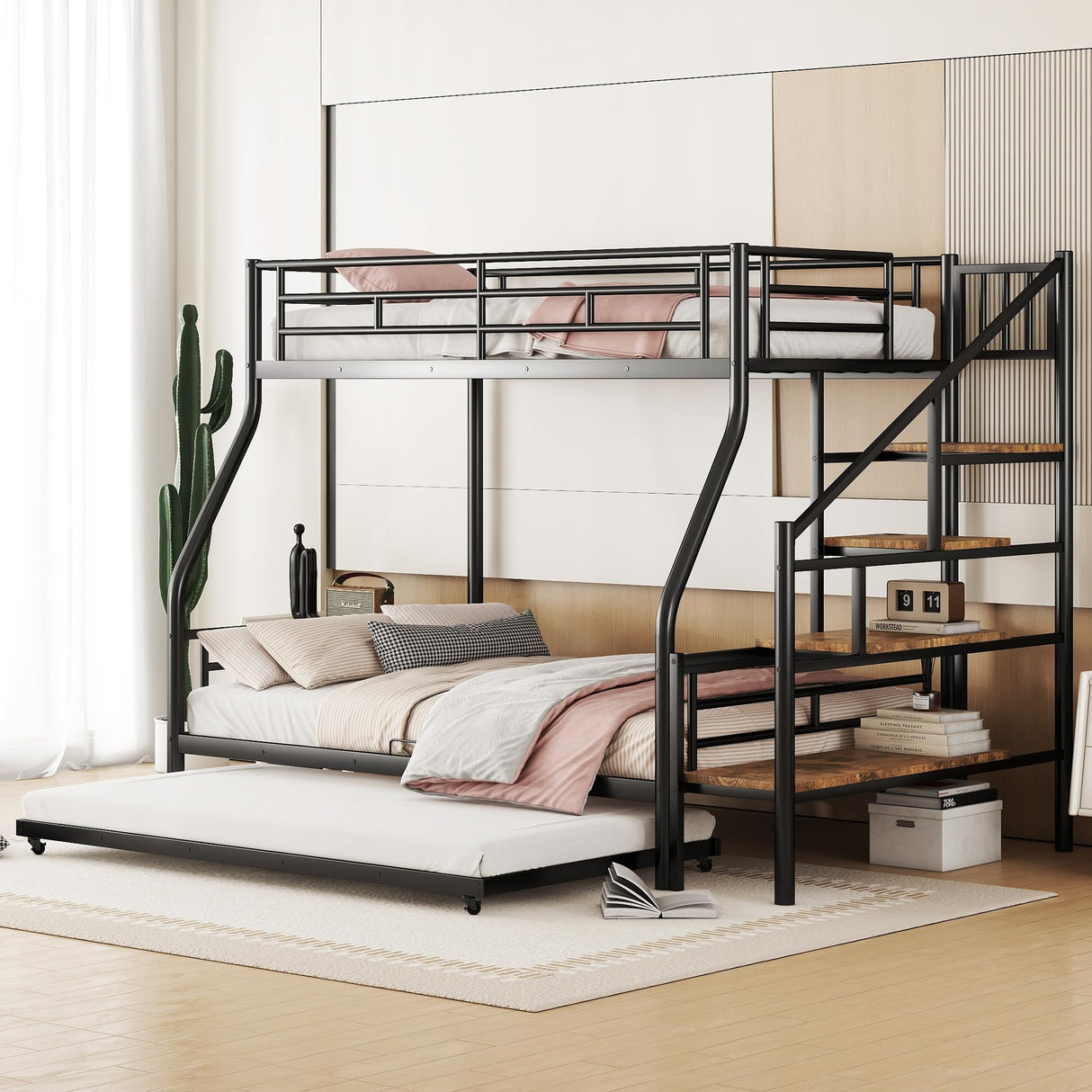 Twin Over Full Metal Bunk Beds with Trundle,Heavy-Duty Metal Bunk Bed Frame with Storage Staircase for Kids,Teens,Adults,Space-Saving,Black Bellemave