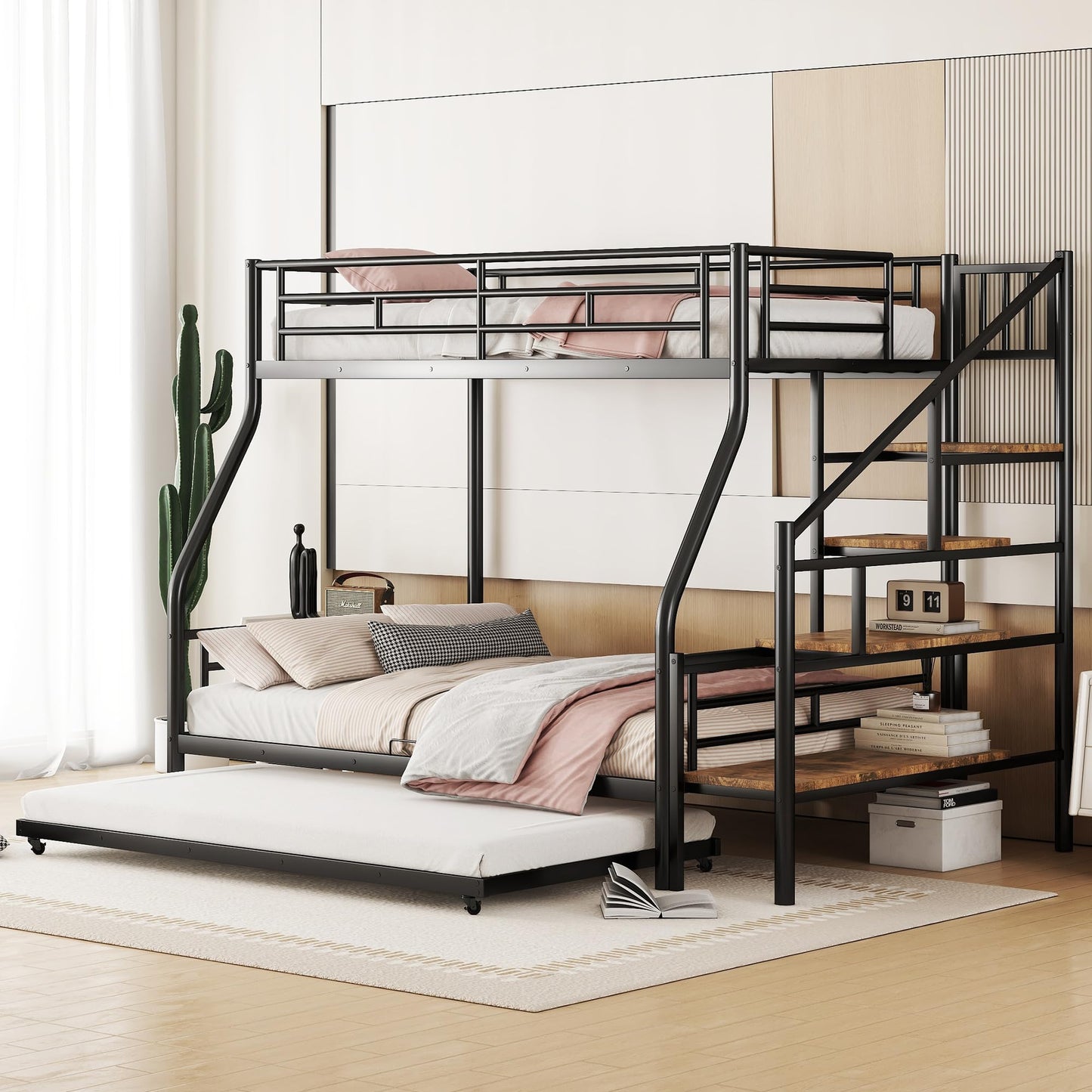 Twin Over Full Metal Bunk Beds with Trundle,Heavy-Duty Metal Bunk Bed Frame with Storage Staircase for Kids,Teens,Adults,Space-Saving,Black