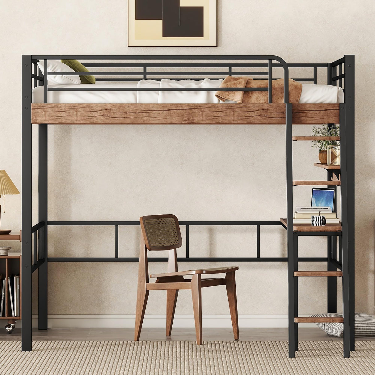 Janusline Metal Full Size Loft Bed with Built-in Desk, Modern Loft Bed Frame with Storage Shelf, Ladder and Safety Guardrail, Easy Assembly, No Box Spring Needed, Black Janusline