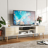 BVIUNTWO TV Stand for 75 Inch TV, Entertainment Center with Storage, 2 Cabinet Media Console Table, Wood Feet, Living Room, Bedroom Furniture,White&Oak BVIUNTWO