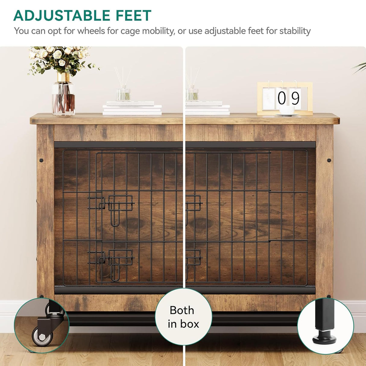 DWVO Dog Crate Furniture with Wheels, 27" Dog Kennel Indoor with Cushion, Dog Crate End Table with Tray, Dog Cage with Double Doors for Small Dog (Rustic Brown) DWVO