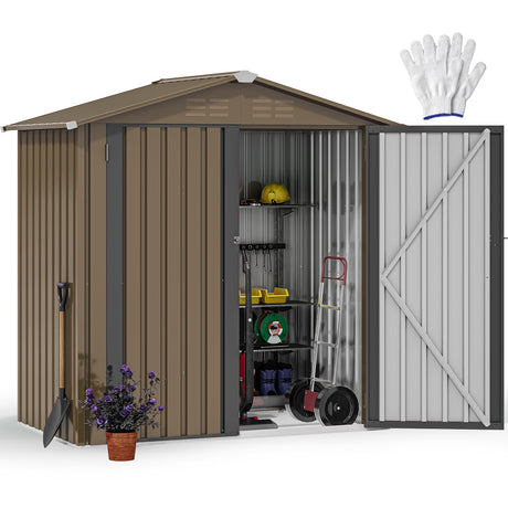 DWVO 6x4ft Metal Outdoor Tool Shed, Garden Storage Shed for Backyard, Lawn, and Patio, Heavy-Duty Storage Unit with Four Vents & Lockable Door for Storing Tools, Equipment & Trash Bins, Brown DWVO