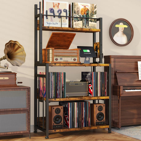 EasyCom Record Player Stand with Vinyl Storage, Turntable Stand Holds Up to 300 Albums, Large Record Player Table with Charge Station, Vinyl Record Stand for Living Room Bedroom EasyCom