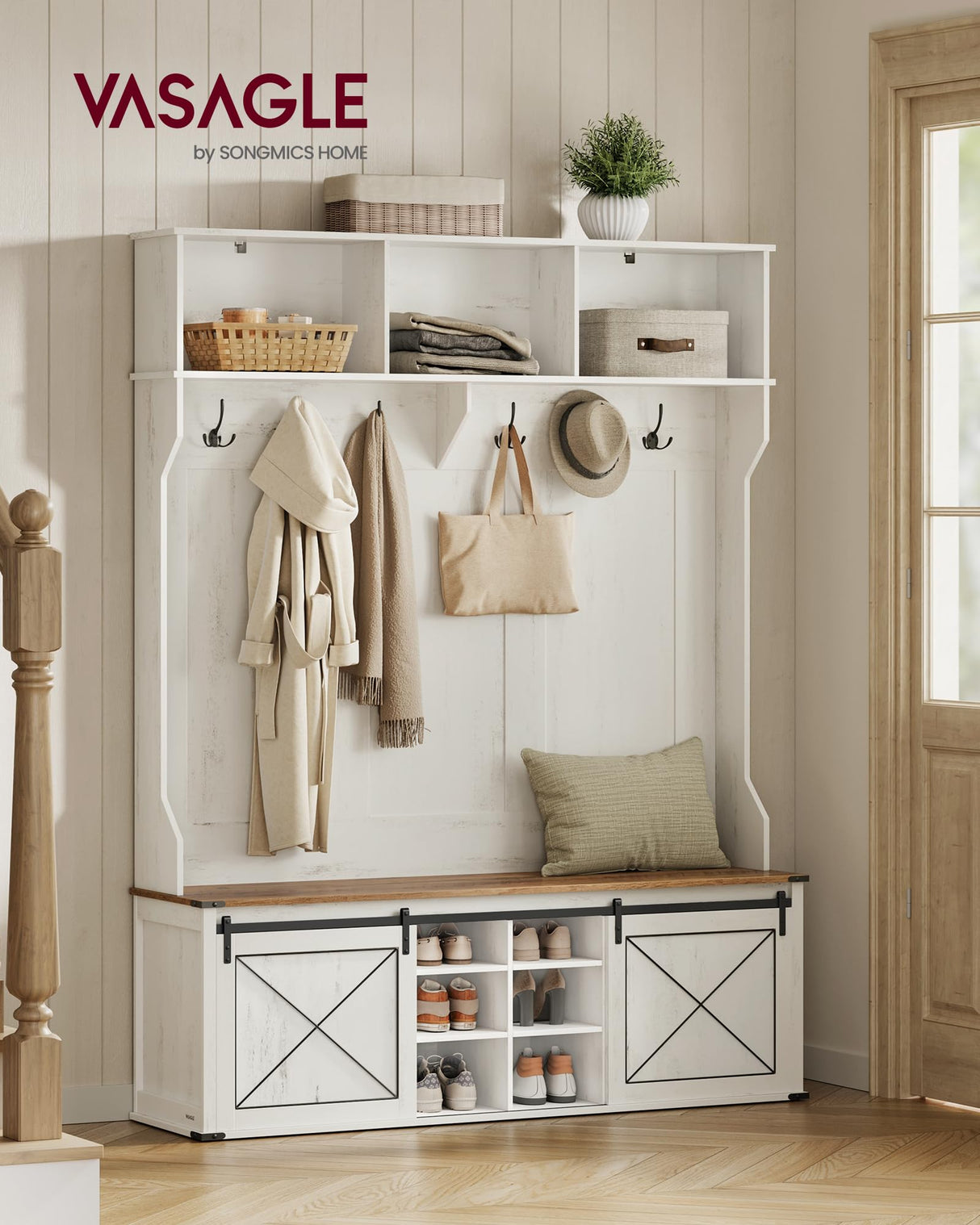 VASAGLE Hall Tree with Bench and Shoe Storage, Coat Rack with Shoe Bench, Entryway Furniture, 6 Tri-Hooks, Sliding Door, Farmhouse Style, Space Saving, Rustic White and Honey Brown UHSR443W01 VASAGLE