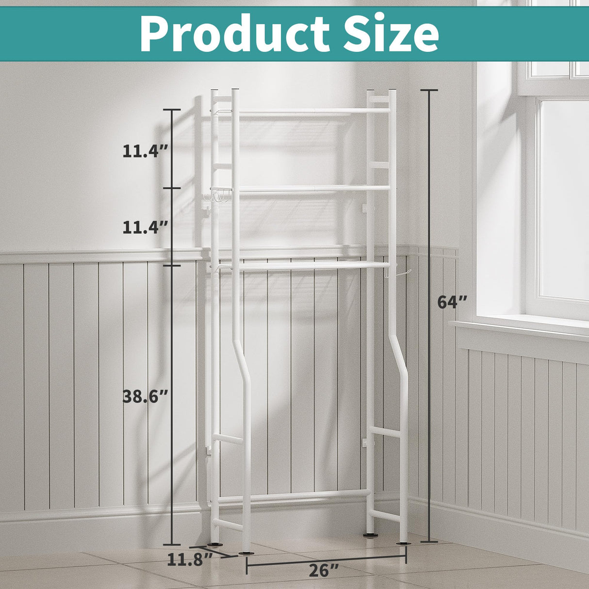 AriseWork 3-Tier Over The Toilet Storage with Paper Holder, Metal Bathroom Organizers and Storage for Small Space, Freestanding Bathroom Shelves with 4 Hooks, Above The Toilet Storage Shelf, White AriseWork