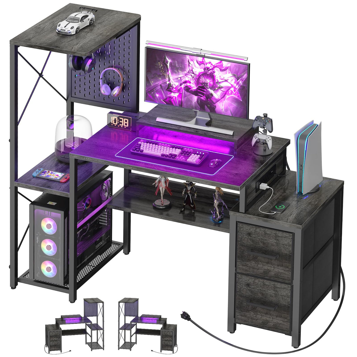 Small Gaming Desk with 2 Fabric Drawers - Reversible Computer Desk with Power Outlet & LED Lights, 49" Office Desk with Monitor Stand & Storage Shelves, Writing Study Table with Pegboard, Grey Oak Besiost