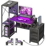 Small Gaming Desk with 2 Fabric Drawers - Reversible Computer Desk with Power Outlet & LED Lights, 49" Office Desk with Monitor Stand & Storage Shelves, Writing Study Table with Pegboard, Grey Oak Besiost