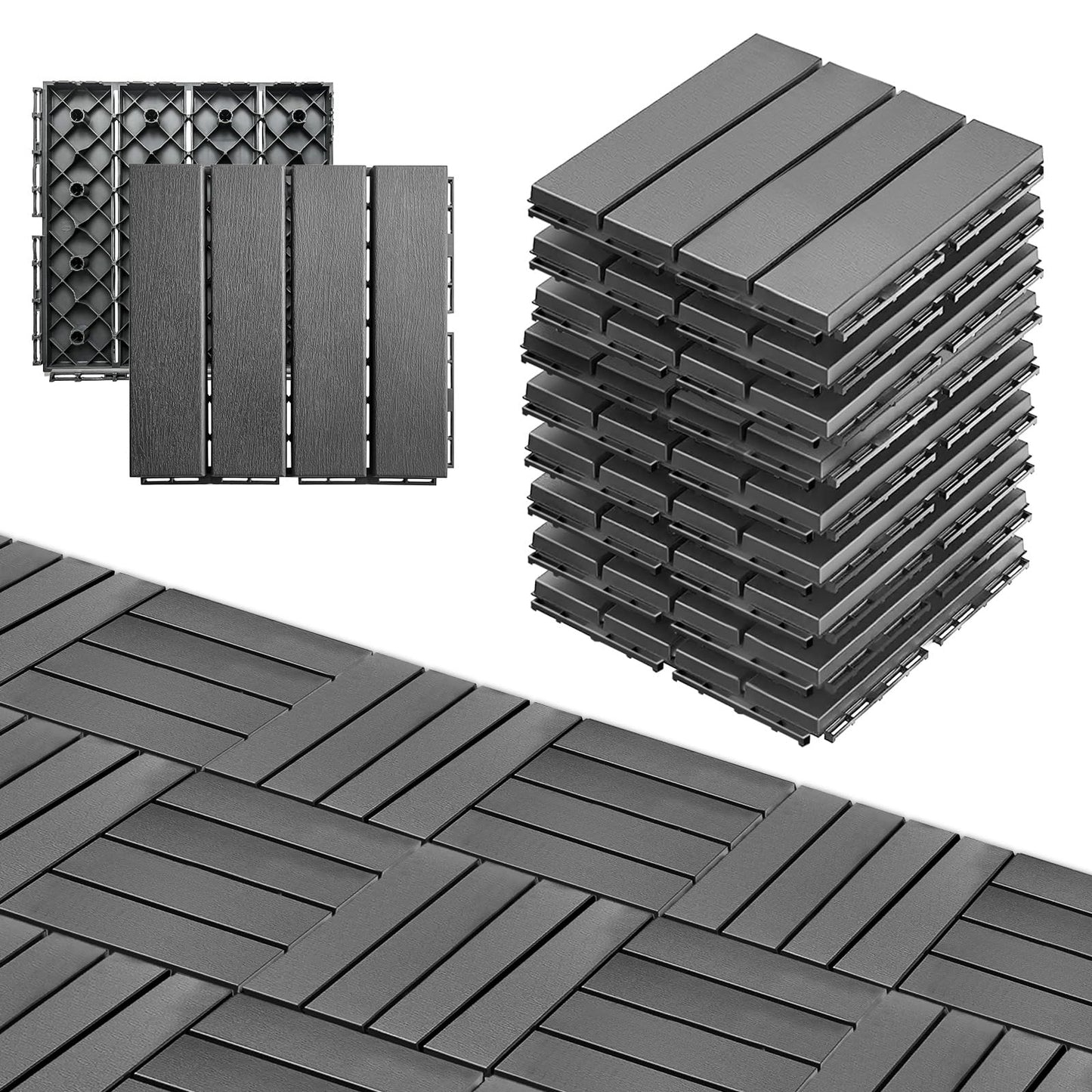 VERNILLA Plastic Interlocking Deck Tiles Outdoor,9 Pcs,12"x12" Patio Tiles Waterproof Outdoor Interlocking All Weather,Deck Tiles for Balcony, Backyard, Indoor and Outdoor use, Dark Grey