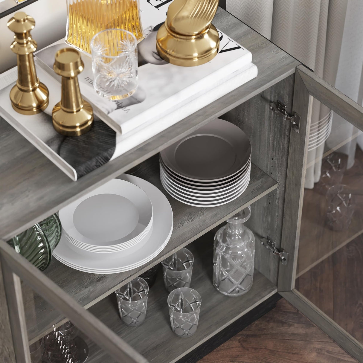 BELLEZE Sideboard Buffet Cabinet, Modern Wood Glass-Buffet-Sideboard with Storage, Console Table for Kitchen, Dining Room, Living Room, Hallway, or Entrance - Brixston (Grey) BELLEZE