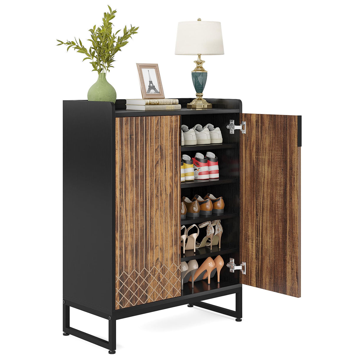 Tribesigns Shoe Cabinet with Doors, 5 Tiers Shoe Storage Cabinet for Entryway, 25 Pairs Wooden Shoe Cabinets, Modern Shoe Organizer Storage for Living Room, Bedroom, Hallway, Closet, Black and Brown Tribesigns