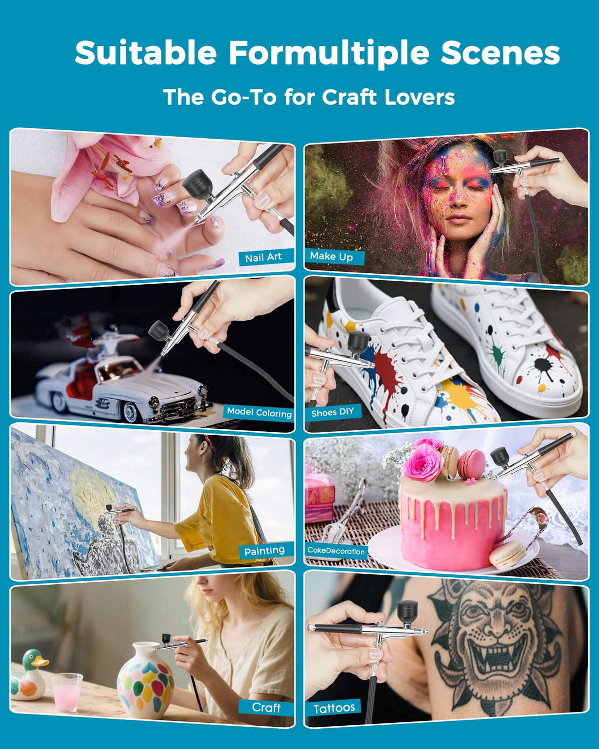 Airbrush Kit with Air Compressor, 50 PSI High Pressure Air Brush with 0.2/0.3/0.5mm Nozzle/Cleaning Sets, Ideal for Modeling, Painting, Nails, Makeup & Cake Decorating KFM