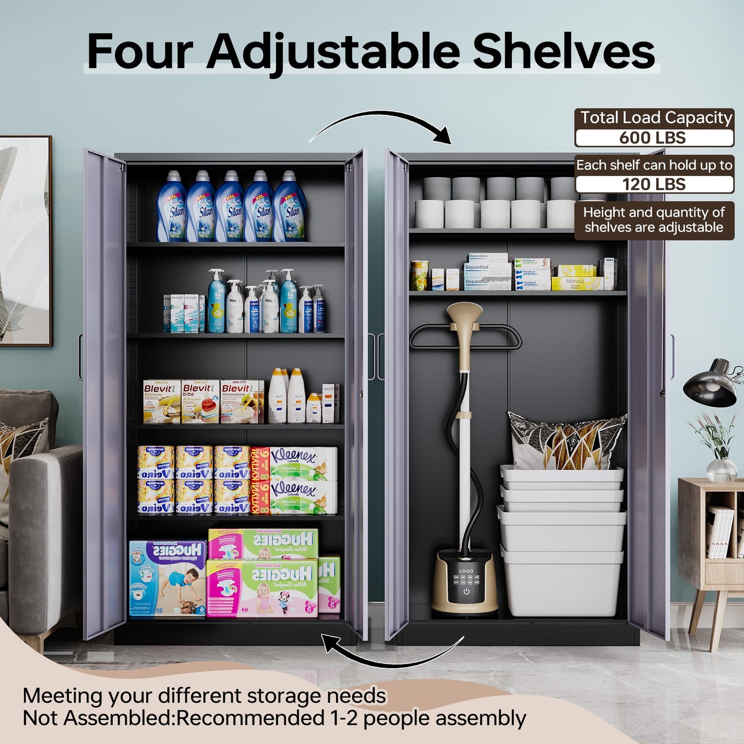 AFAIF Metal Storage Cabinet with Lock,71" Garage Cabinet with 2 Doors and 4 Adjustable Shelves, Steel Locking Cabinets Tall Tool Storage Cabinet, Lockable File Cabinet for Home Office, Pantry