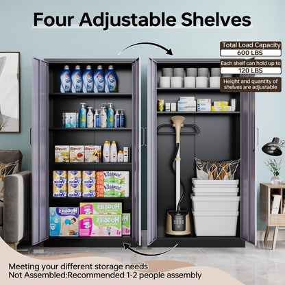 AFAIF Metal Storage Cabinet with Lock,71" Garage Cabinet with 2 Doors and 4 Adjustable Shelves, Steel Locking Cabinets Tall Tool Storage Cabinet, Lockable File Cabinet for Home Office, Pantry