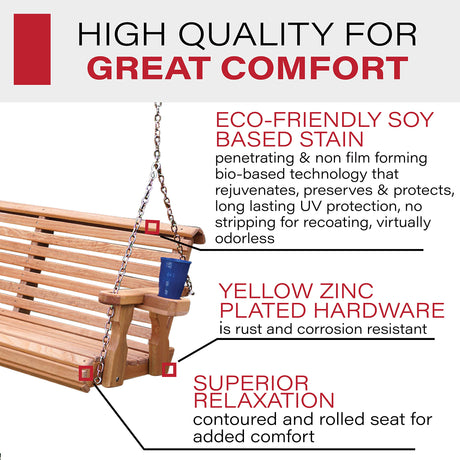 Amish Casual 4 Foot Roll Back Porch Swing with Cup Holders in Cedar Stain - Amish Made in The USA from Treated Pine, Heavy Duty 700 Lb Weight Capacity Amish Casual