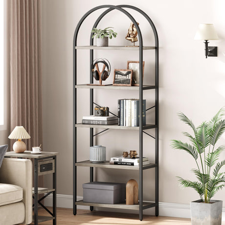IDEALHOUSE Bookshelf 5 Tier Bookcase Arched Display Racks Tall Standing Bookshelves Metal Frame Modern Storage Rack Shelf Large Wood Book Shelf for Bedroom, Living Room, Home Office IDEALHOUSE