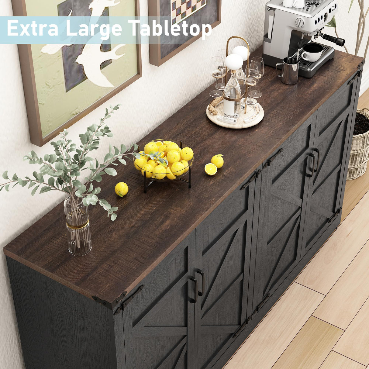 Sideboard Buffet Cabinet with Storage - 65’’ Large Farmhouse Buffet Table Coffee Bar Cabinets, Modern Accent Cabinet with Adjustable Shelf and 4 Doors, for Kitchen, Dining Room, Living Room, Black chartustriable