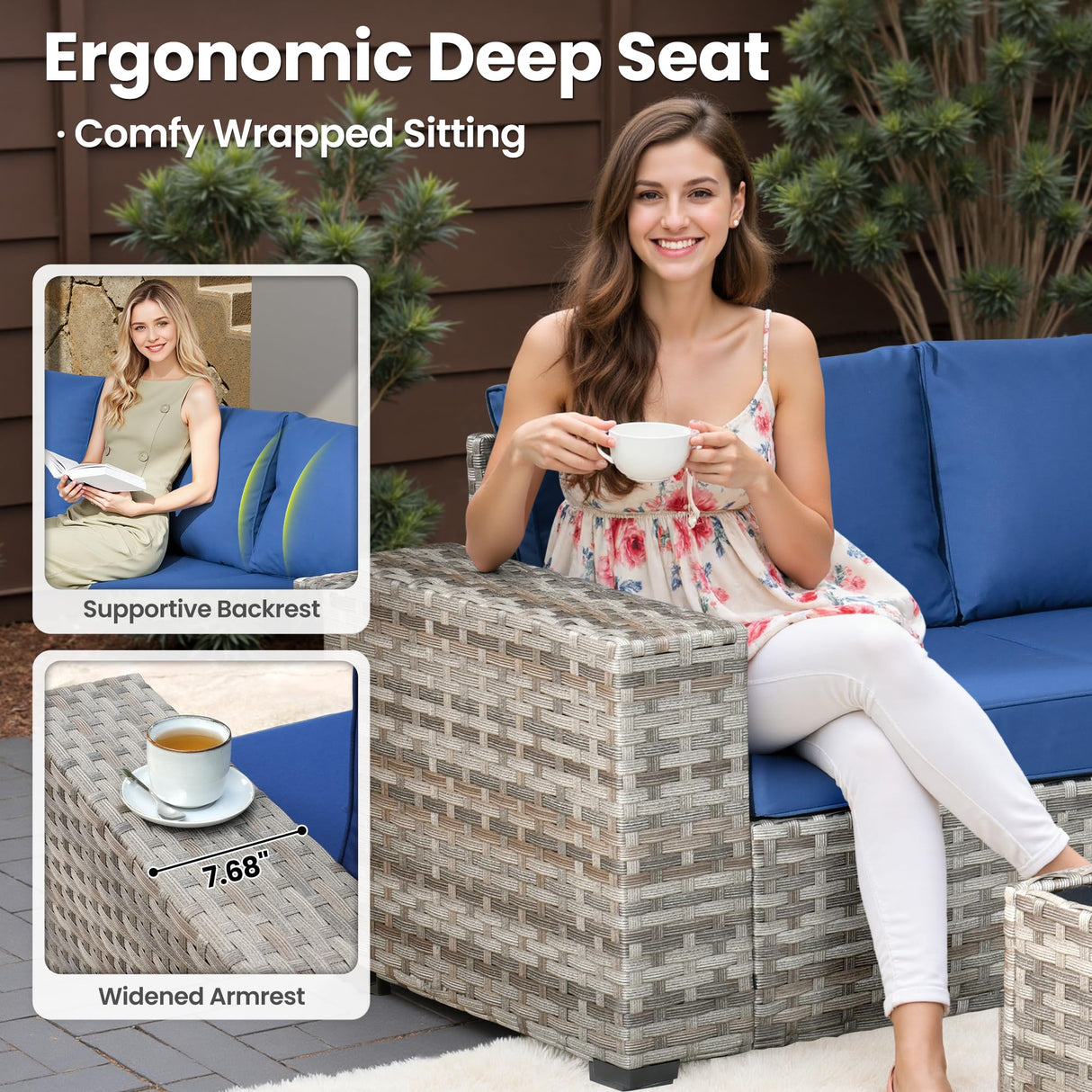 ovios 7 Pieces Patio Furniture Set, Outdoor Wicker Sectional Sofa with 30 Inch Fire Pit Table Comfy Cushions, Modern Modular Deep Seat Rattan Couch Conversation Set, Navy Blue ovios