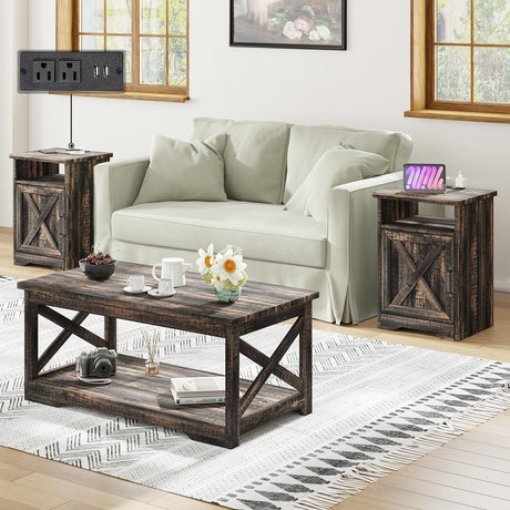 AMERLIFE 3-Piece Farmhouse Table Set Includes Coffee Table& Two End Tables, Side Table with Charging Station and USB Ports, for Living Room, Bedroom,Dark Oak AMERLIFE