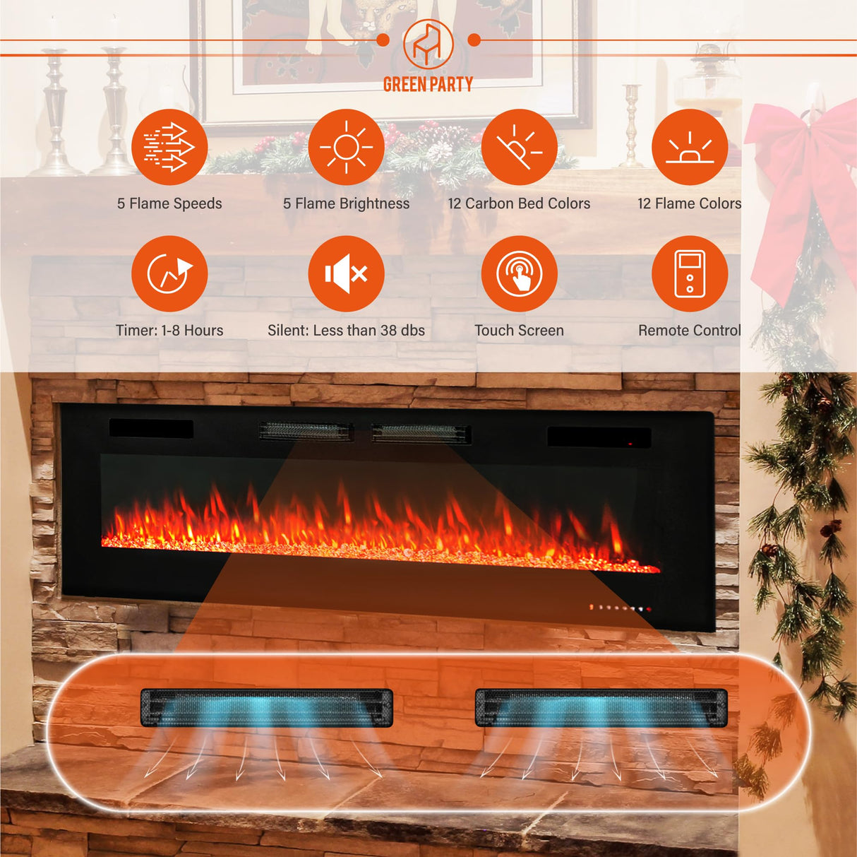 GREEN PARTY 72" Electric Fireplace Recessed/Wall Mounted Ultrathin 3.2" Fireplace Heater, Low Noise Linear Fireplace with Remote Control/Touch Screen, 8hrs Timer, Adjustable Flame & Bed Colors & Speed GREEN PARTY