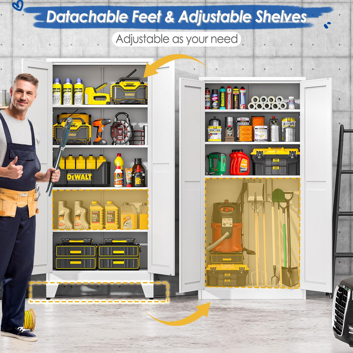 GAIOUS 71" Tall Metal Storage Cabinet with 2 Doors and 4 Adjustable Shelves, Kitchen Pantry Cabinet White Freestanding Cupboard, 5 Tier Multifunctional Steel Storage for Office, Kitchen, Dining Room GAIOUS