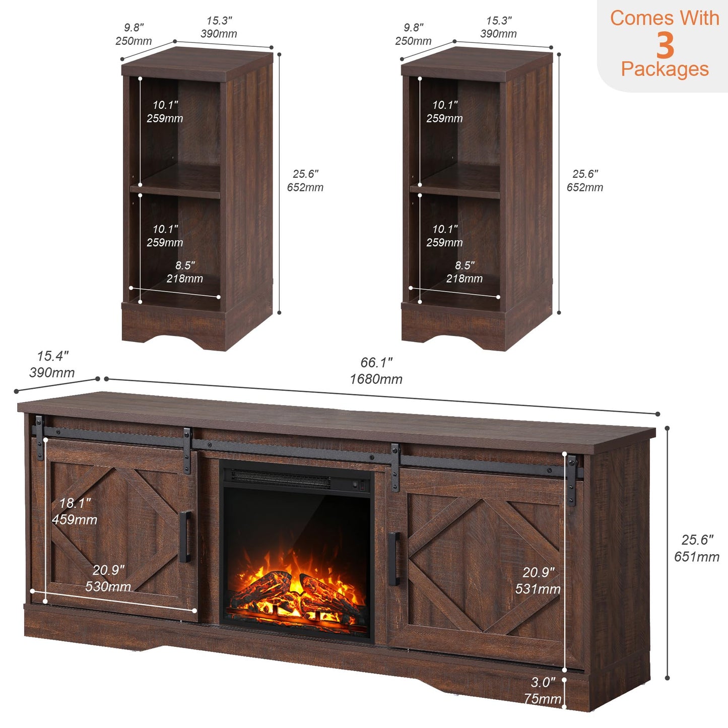 WAMPAT Modern Farmhouse TV Stand with Fireplace for TVs Up to 95 in, Wood Entertainment Center with 18" Fireplace, Sliding Barn Door and Storage Shelves for Living Room, Rustic Brown