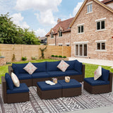 NICESOUL® Large 8 Pieces Brown Deep Seating Patio Backyard Patio Furniture with Ottomans Wicker Sectional Wicker Rattan Conversation Set with Navy Blue Olefin Cushion NICESOUL