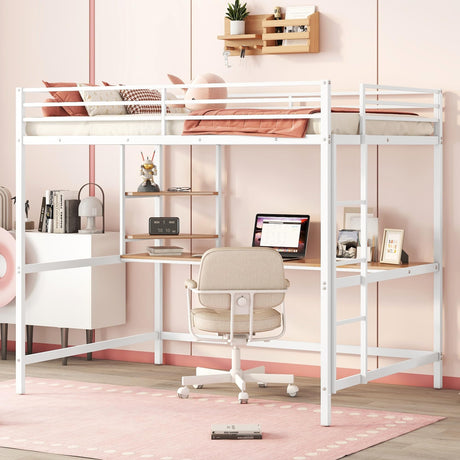 Harper & Bright Designs Metal Full Size Loft Bed Frame, Loft Bed Full with Desk and Shelves, Space Saving Metal Loft Bed with Desk Underneath for Kids,Teens (Full,White) Harper & Bright Designs