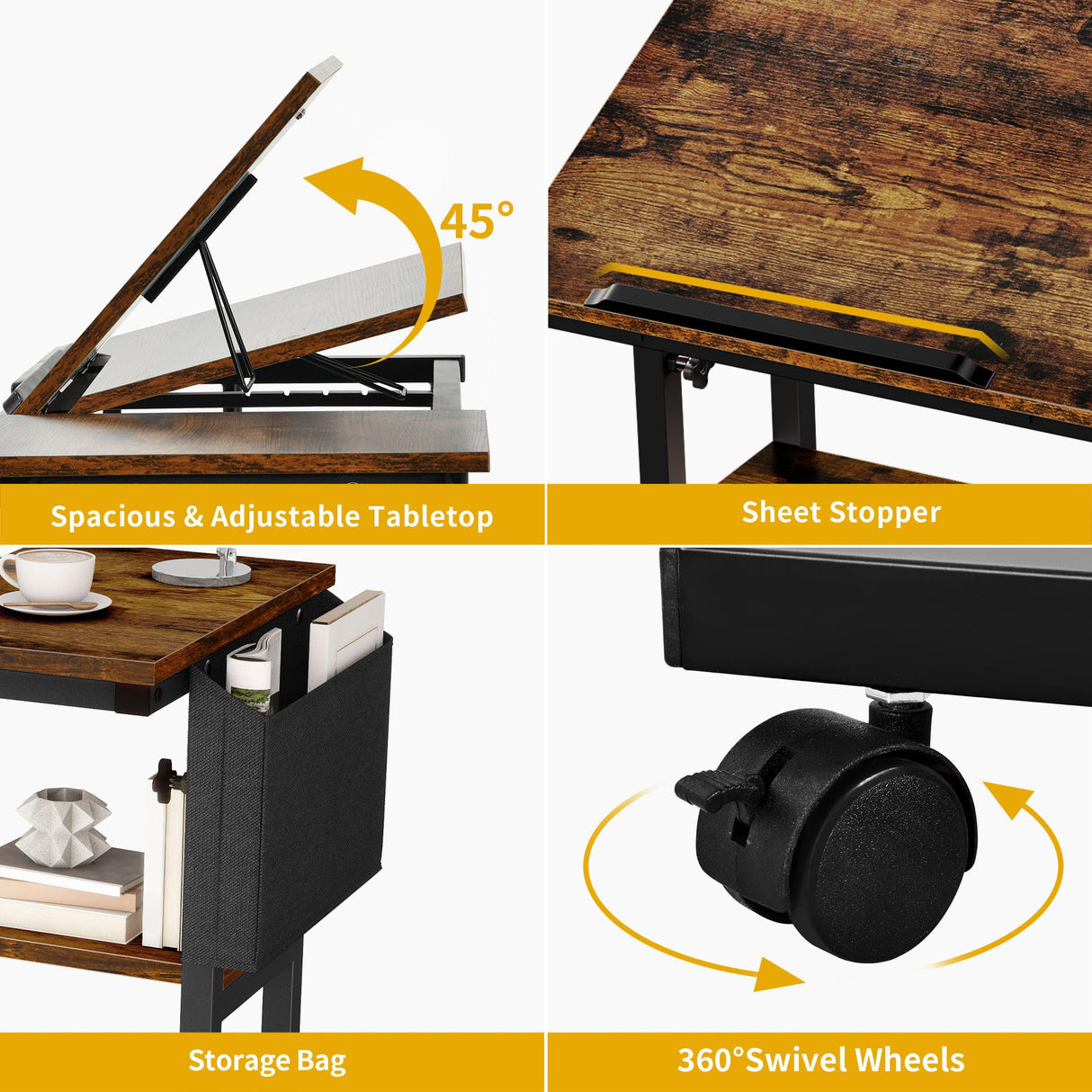 DWVO Height Adjustable Drawing Desk with Charging Station & Wheels, Rolling Craft Table with Tilting Top and Storage Bag, Small Standing & Sitting Laptop Computer Desk (Brown) DWVO