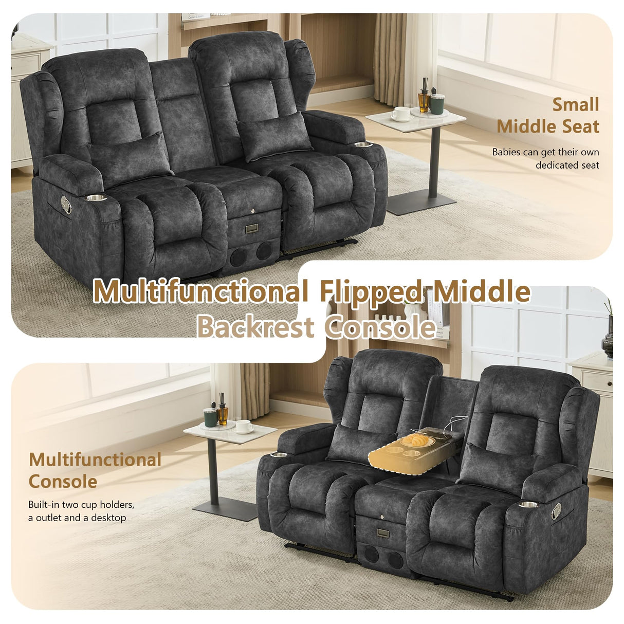 URRED Loveseat Rocker Recliner Sofa with Console, Manual Reclining Loveseat RV Couch Double Rocking Chair Nursery with Cup Holders, Side Pocket, Bluetooth Speaker, USB, Outlets (Grey) URRED