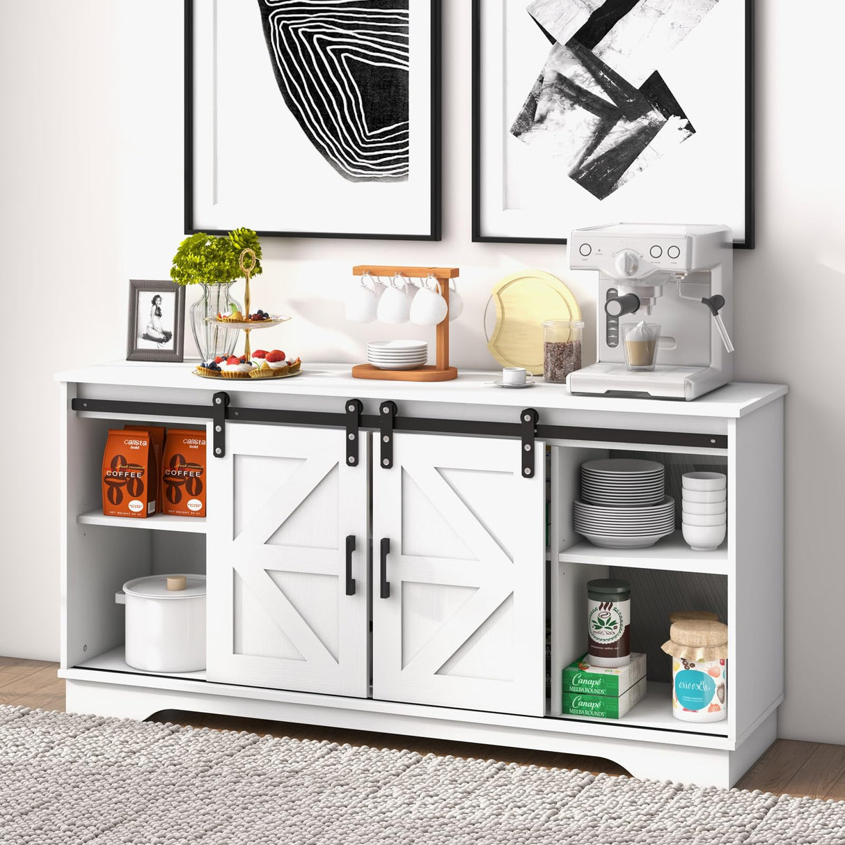 Panana Bar Cabinet with Barn 2 Sliding Doors Buffet Farmhouse Storage Cabinet TV Stand (White Cabinet) Panana