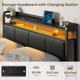 Rolanstar Bed Frame Full Size with Charging Station and LED Lights, Upholstered Storage Headboard with Drawers, Heavy Duty Metal Slats, No Box Spring Needed, Noise Free, Easy Assembly, Dark Grey Rolanstar