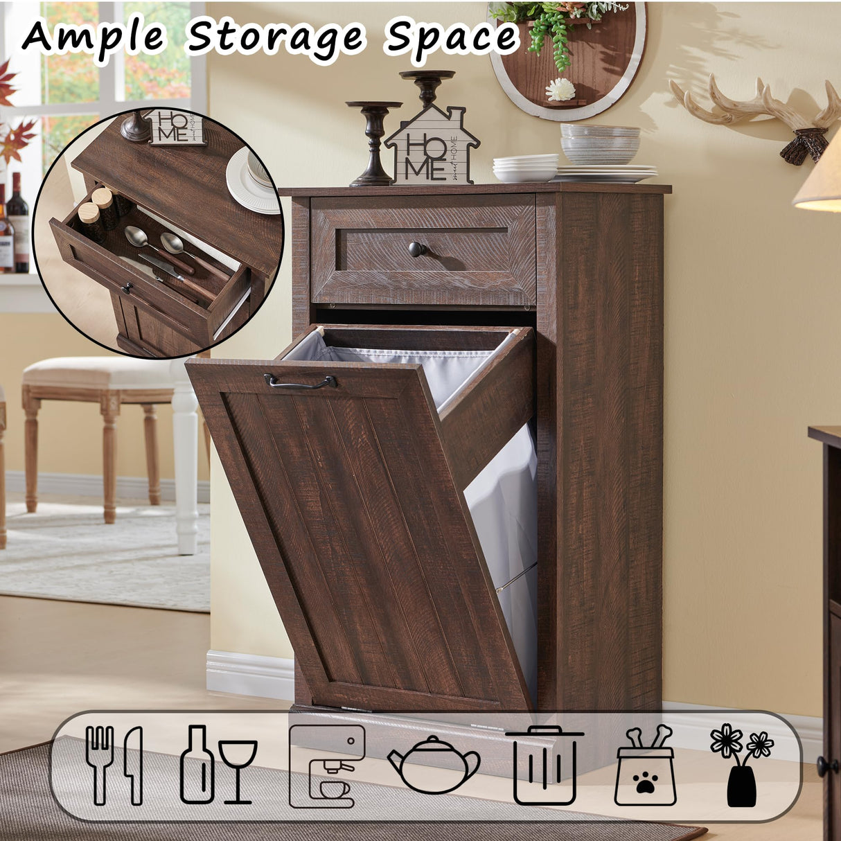 IFGET Tilt Out Trash Can Cabinet, Dog Proof Trash Can Cabinet, Farmhouse Hidden Laundry Hamper Cabinet with Barn Door, 10 Gallon Garbage Can Bin Cabinet with Storage Basket for Kitchen (Brown) IFGET