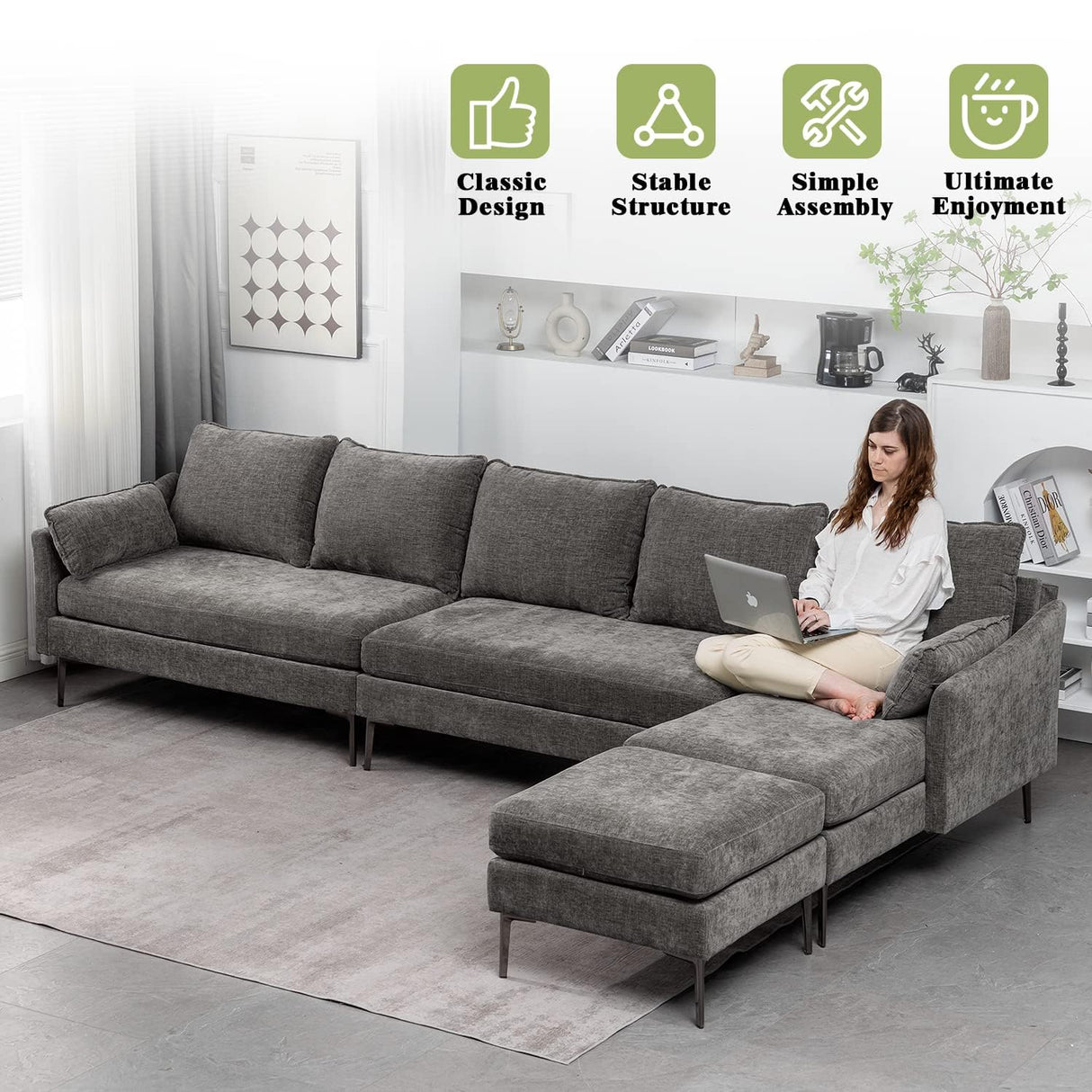 MELLCOM 137.4" Cloud Couch Sectional 5-Seat L Shaped Modular Sofa w/Chaise & Ottoman, Comfy Memory Foam Modular Couch in Washable Chenille Fabric, Sectional Sofa for Living Room, Grey MELLCOM