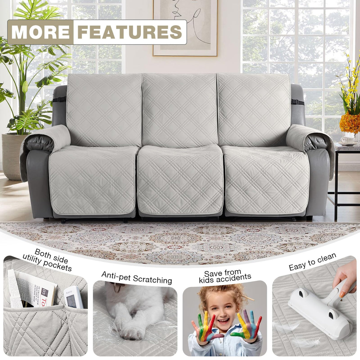 TAOCOCO 100% Waterproof Recliner Sofa Cover, Non Slip Split Couch Covers for Reclining Couches with Elastic Straps, Washable Reclining Sofa Cover Furniture Protector for Kids Pets(3 Seater, Off White) TAOCOCO