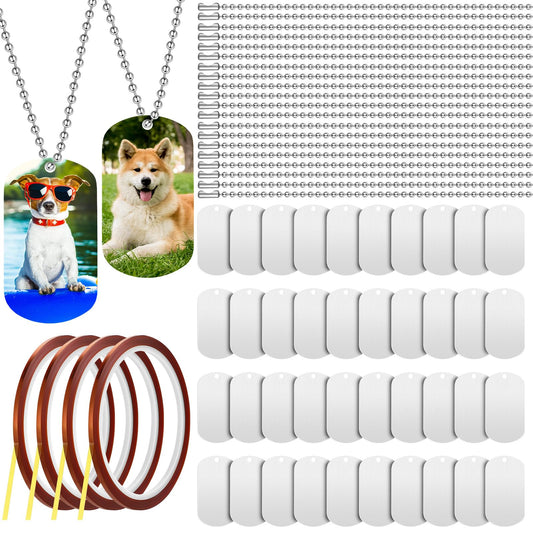 Yaocom 100 Pcs Sublimation Blank Dog Tags with Chains Sublimation Tape, Sublimation Necklace Aluminum Stamping Dog Tags Double Sided Sublimation Stamping Military Tag DIY Necklaces for Pets Men Women