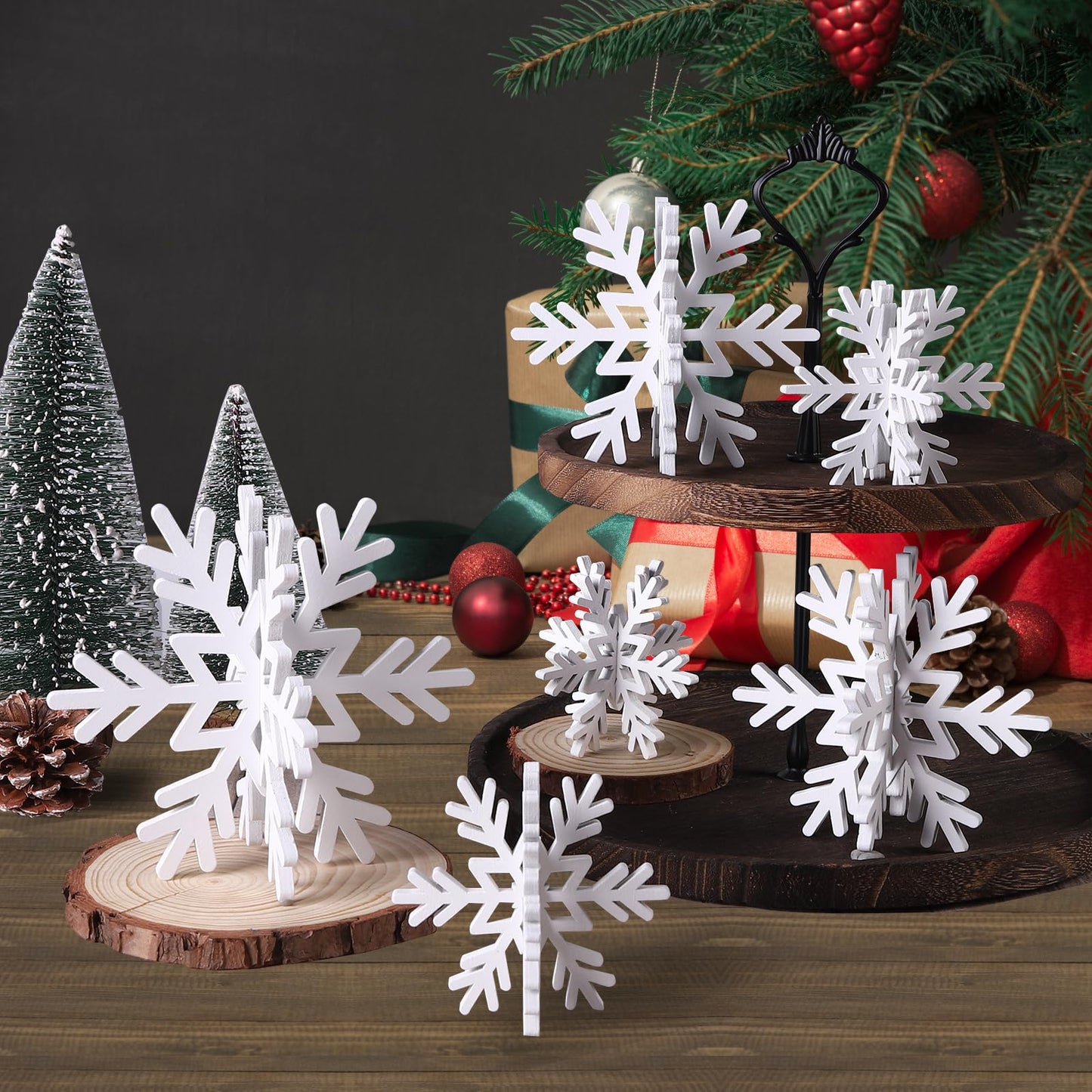 Vellibring 6 Set Christmas Wooden Snowflake Decoration Whit Winter 3D Snowflake Centerpiece Xmas Snowflake Signs for Tabletop Decor Photo Props Home Xmas Party Supplies