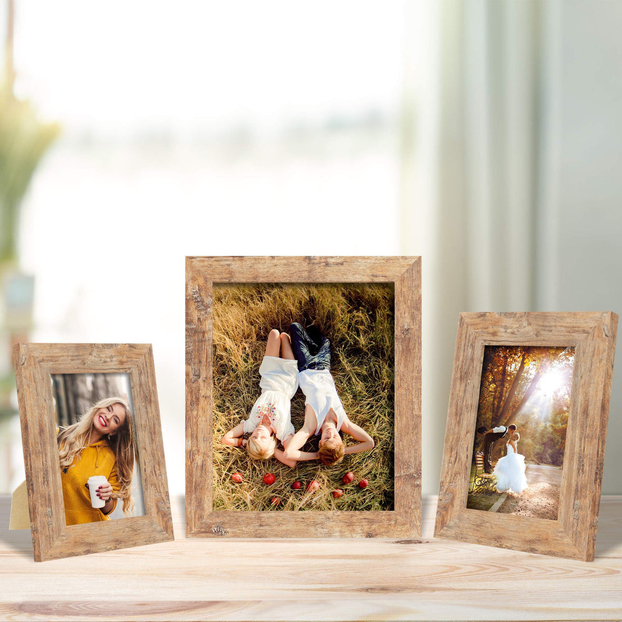iRahmen 5x7 Picture Frame Set of 4, High Definition Real Glass Rustic Brown Frame, 5 x 7 Wood Photo Frames for Tabletop Display and Wall Mounting iRahmen