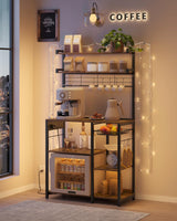 VASAGLE Bakers Rack with Power Outlet, 35.4 Inches Microwave Stand, Coffee Bar, 4 AC Outlets, with Adjustable Shelves, 8 S-Hooks, Basket, Spice Racks, Rustic Brown and Ink Black UKKS031K01 VASAGLE