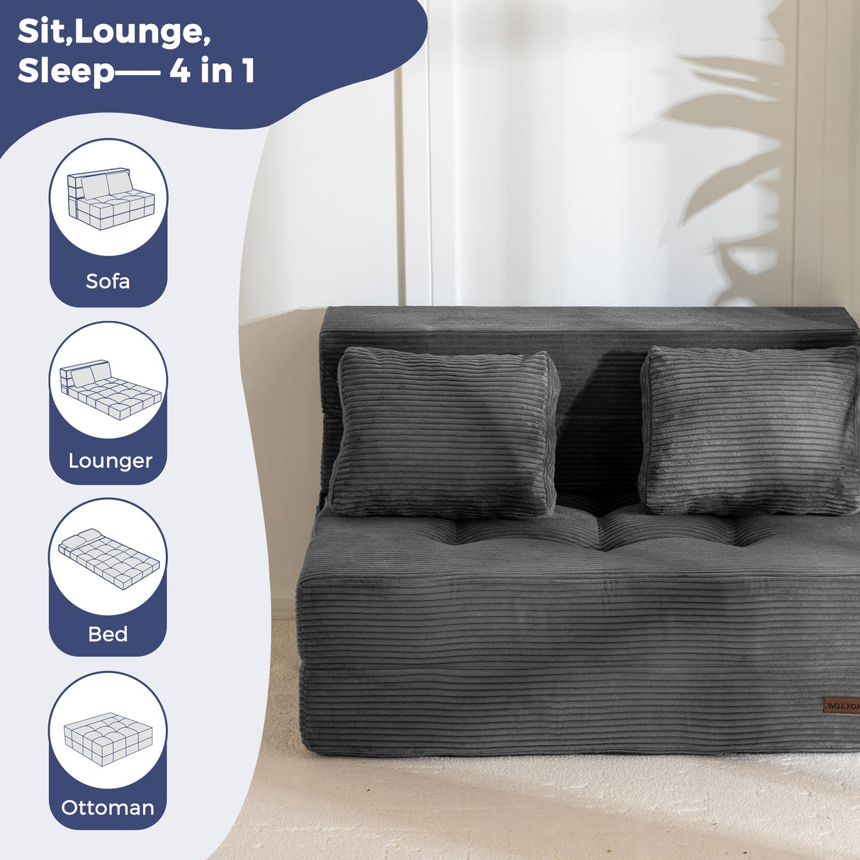 MAXYOYO Convertible Sofa Bed, Fold Out Loveseat Sleeper Sofa with Pillow, 4 in 1 Tufted Folding Couch Bed Foam Floor Couch, Lazy Chair for Living Room Bedroom Guest Room, Dark Grey MAXYOYO