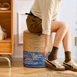 Wimarsbon Natural Seagrass Foot Stool, Hand Weaving Round Ottoman, for Living Room, Outdoor Seat (Natural & Blue) Wimarsbon